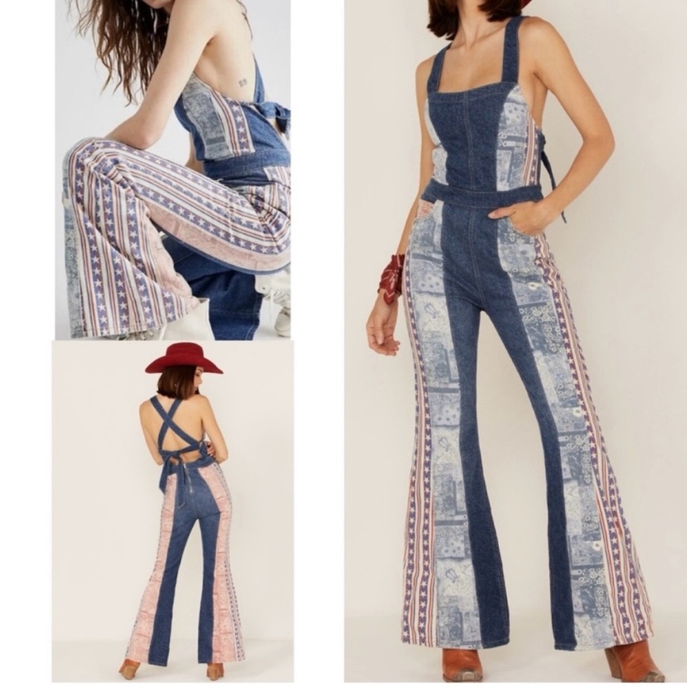 New Free People Patchwork Dallas Denim Jumpsuit 
Size 6